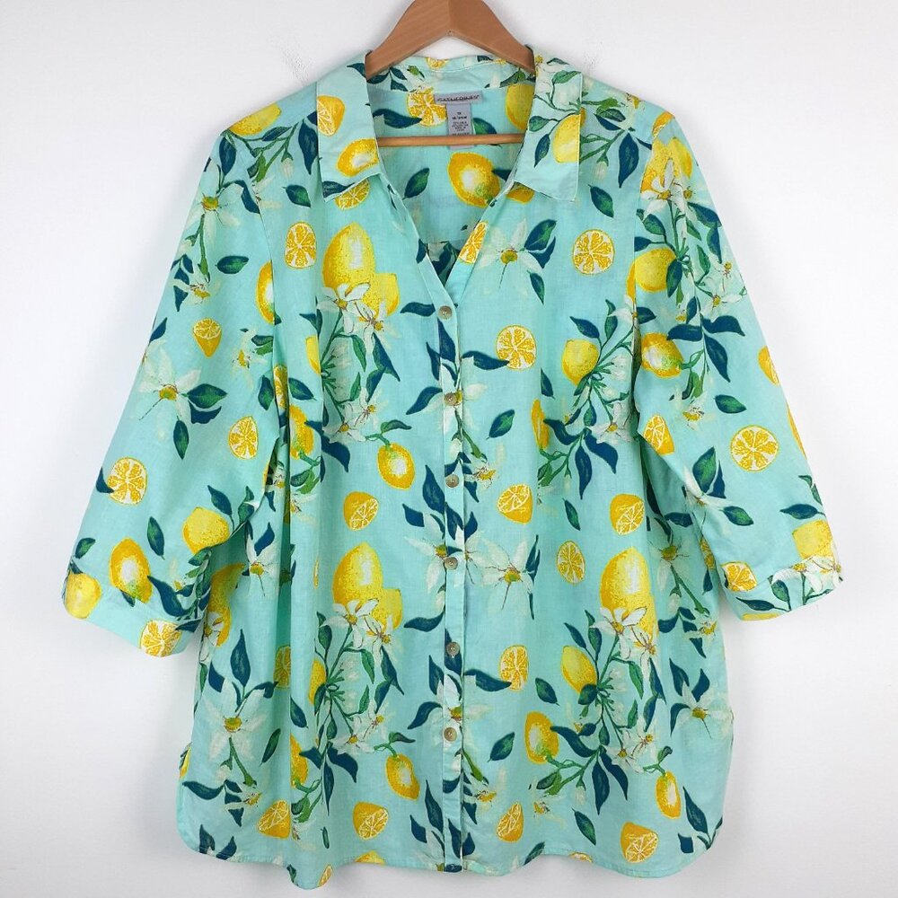 Catherines Linen Blend Lemon Print Blouse, Size 1X 18/20W. Button Front